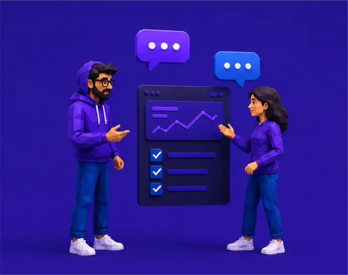 Deux collaborateurs Appyend évaluant un tableau de bord et une liste de contrôle.